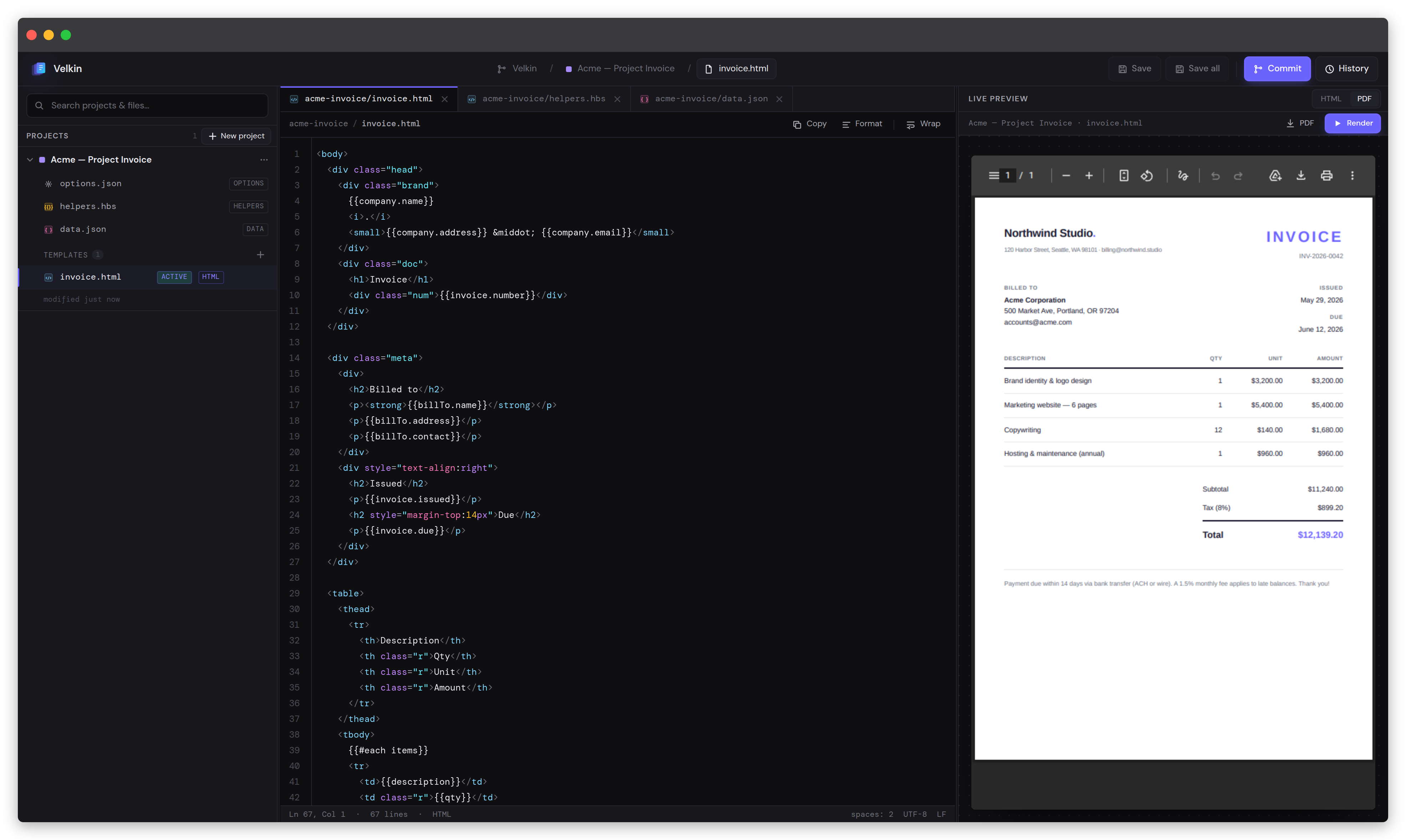 The Velkin Studio: template editor with a document preview alongside project and version-history panels